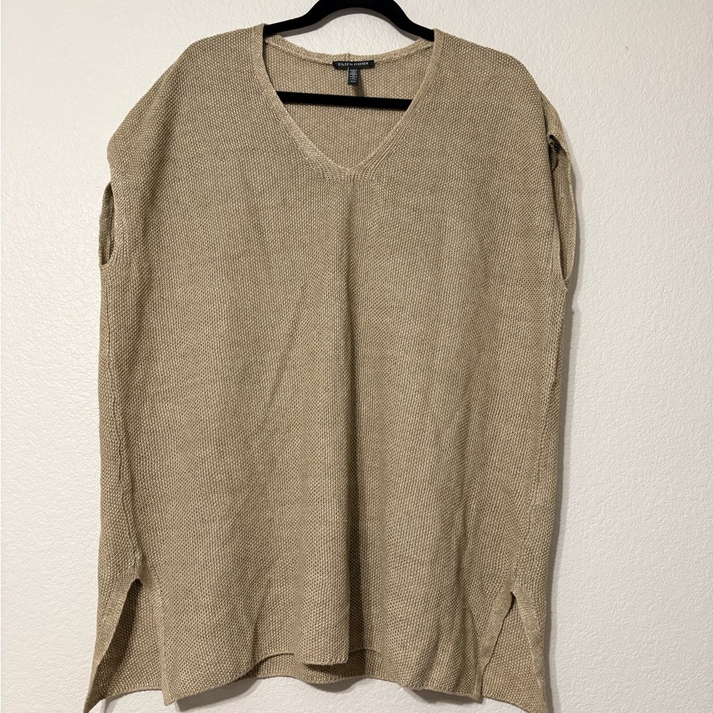 Eileen Fisher Khaki Beige V-Neck Organic Linen Sleeveless Tunic Sweater. Size M